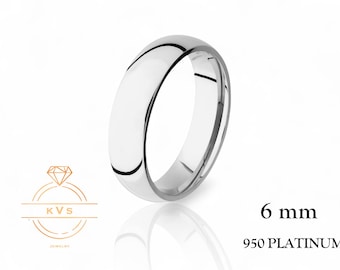 Solid 950 Platinum Low Dome 6mm Wedding Band Ring - Comfort Fit - Polished - Platinum Ring -  Womens Mens Wedding Band - Free Engraving