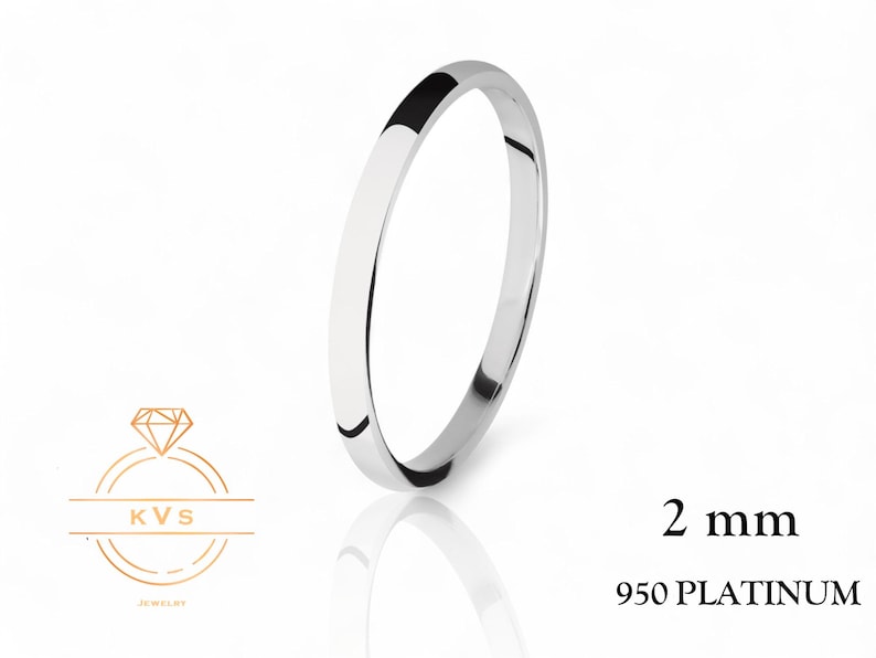 May include: A simple, 2 mm wide platinum wedding band. 950 Platinum.