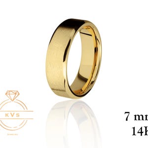 14K Yellow Gold 7mm BEVELED EDGE Wedding Band Ring - Comfort Fit - ICE Matte - Solid Gold Ring Womens Mens Wedding Band - Free Engraving