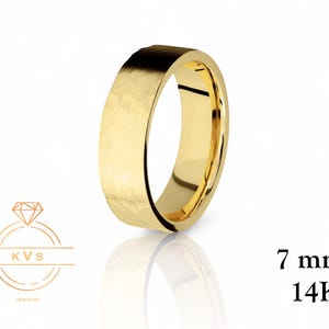 14K Yellow Gold 7mm FLAT Wedding Band Ring - Comfort Fit - HAMMERED Finish - Solid Gold Ring -  Womens Mens Wedding Band - Free Engraving