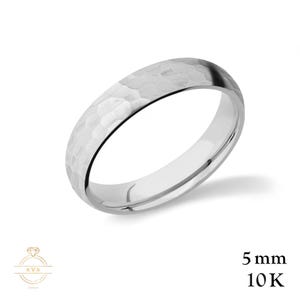 10K White Gold 5mm LOW DOME Wedding Band Ring - HAMMERED - Comfort Fit - Solid Gold Ring -  Womens Mens Wedding Band - Free Engraving