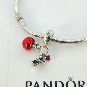 New Sterling Silver Disney Park Exclusive Bead Snow White's Apple & Heart Dangle Charm For Pandora Bracelet # 797486CZRMX w/Box