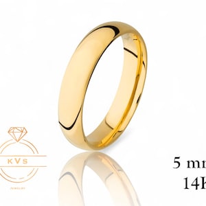 14K Yellow Gold Low Dome 5mm Wedding Band Ring - Comfort Fit - High Polished - Solid Gold Ring -  Womens Mens Wedding Band - Free Engraving