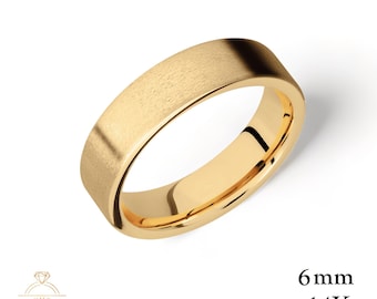 14K Yellow Gold 6mm FLAT Wedding Band Ring MATTE Brushed - Comfort Fit - Solid Gold Ring - Womens Mens Wedding Band - Free Engraving