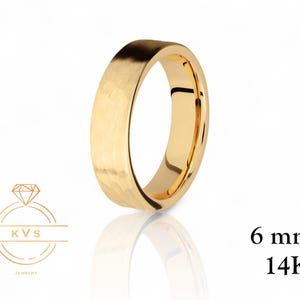 14K Yellow Gold 6mm FLAT Wedding Band Ring - Comfort Fit - HAMMERED Finish - Solid Gold Ring -  Womens Mens Wedding Band - Free Engraving