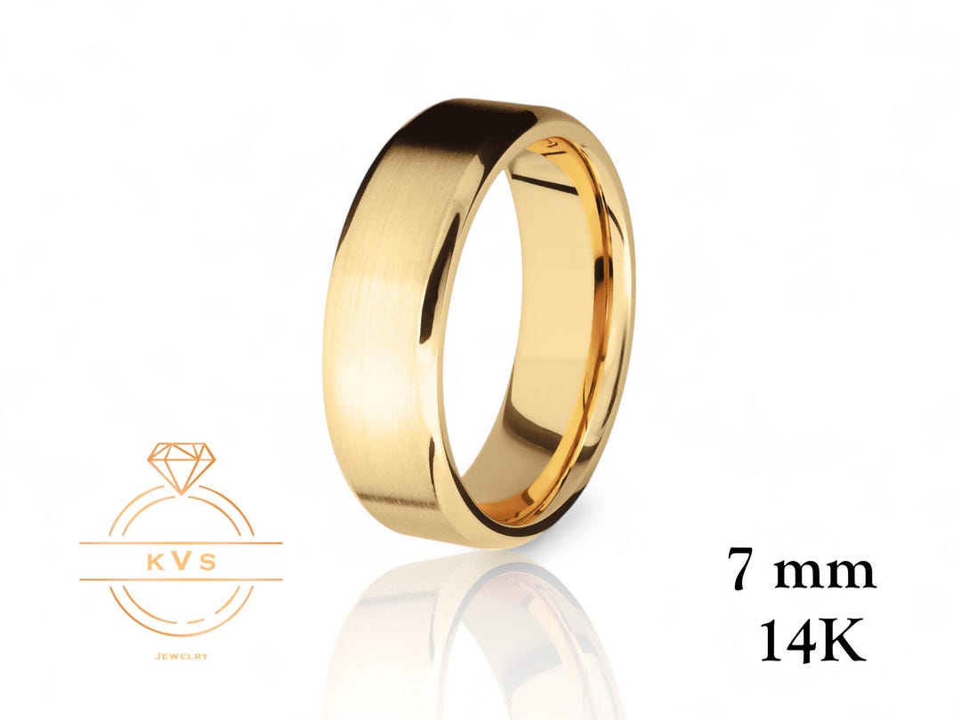 14K Yellow Gold 7mm BEVELED EDGE Wedding Band Ring - Comfort Fit - MATTE Brushed - Solid Gold Ring Womens Mens Wedding Band - Free Engraving