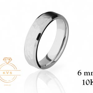 10K White Gold 6mm BEVELED EDGE Wedding Band Ring - Comfort Fit- Hammered -Solid Gold Ring -  Womens Mens Wedding Band - Free Engraving