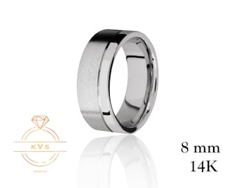 14K vitguld 8 mm platt vigselring med mittavskärning - Comfort Fit - Matt borstad massiv guldring - Dam- och herrvigselring Gratis gravyr