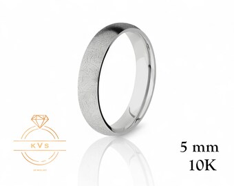 10K White Gold 5mm Low Dome Wedding Band Ring - Comfort Fit - ICE-MATTE - Solid Gold Ring -  Womens Mens Wedding Band - Free Engraving