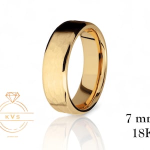 18K Yellow Gold 7mm BEVELED EDGE Wedding Band Ring - Comfort Fit - HAMMERED - Solid Gold Ring -  Womens Mens Wedding Band - Free Engraving