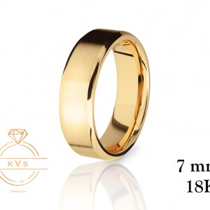 18K Yellow Gold 7mm BEVELED EDGE Wedding Band Ring - Comfort Fit - Matte Brushed Solid Gold Ring -  Womens Mens Wedding Band -Free Engraving