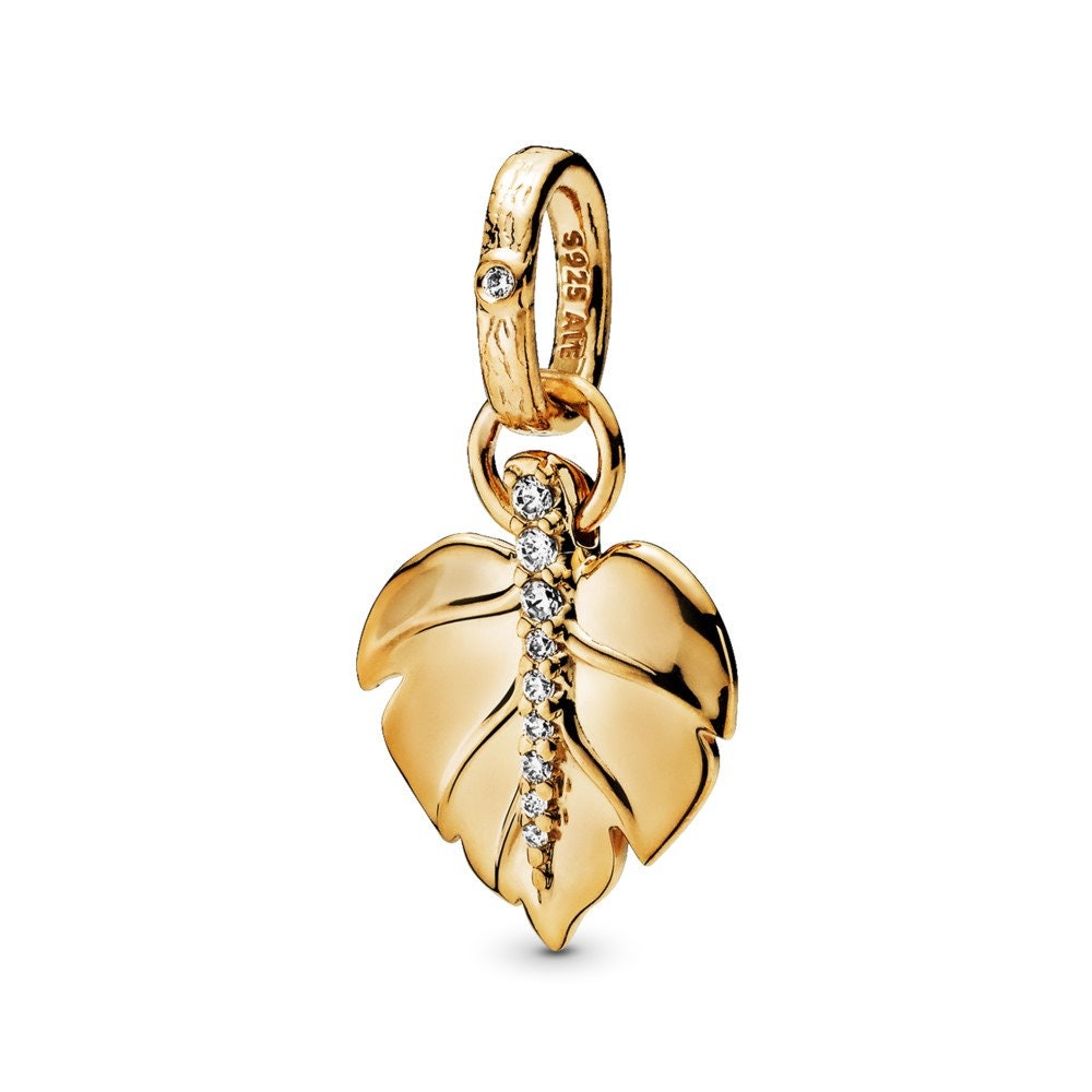 Pandora Shining Leaf Pendant 14K Plated Charm # 368251CZ W