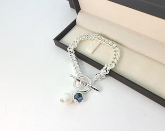 Pulsera de dos piezas, pulsera de cristal facetado con perla, pulsera con cierre de barra de anillo, pulsera de cadena gruesa, cadena pesada, pulsera Uno de 50