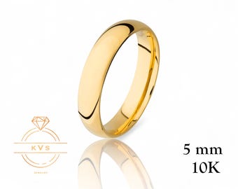 Anillo de bodas de oro amarillo de 10 quilates de 5 mm con cúpula baja - Ajuste cómodo - Pulido - Anillo de oro macizo - Anillo de bodas para mujer y hombre - Grabado gratuito