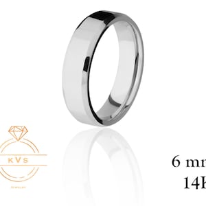14K White Gold 6mm BEVELED EDGE Wedding Band Ring - Comfort Fit - Polished - Solid Gold Ring -  Womens Mens Wedding Band - Free Engraving