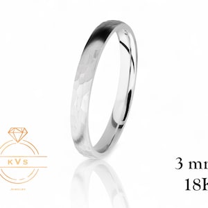 18K White Solid Gold 3mm Low Dome Wedding Band Ring - Comfort Fit - Hammered - Womens Mens Wedding Band - Free Engraving
