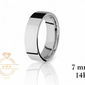 14K White Gold 7mm FLAT Wedding Band Ring - Comfort Fit - Polished Finish - Solid Gold Ring -  Womens Mens Wedding Band - Free Engraving