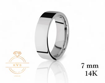 14K vitguld 7 mm platt vigselring - bekväm passform - polerad finish - massiv guldring - vigselring för kvinnor och män - gratis gravyr