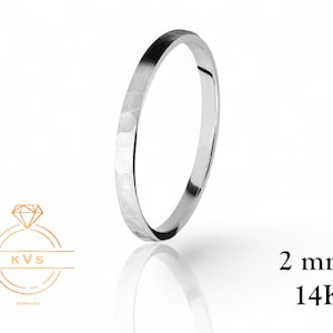 14K White Gold 2mm Low Dome Wedding Band Ring - Comfort Fit - Hammered Finish - Solid Gold Ring -  Womens Mens Wedding Band - Free Engraving