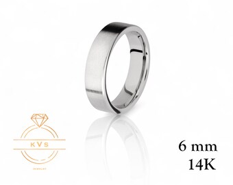 14K vitguld 6 mm platt vigselring - Comfort Fit - Matt borstad finish - Solid guldring - Dam- och herrvigselring - Gratis gravyr