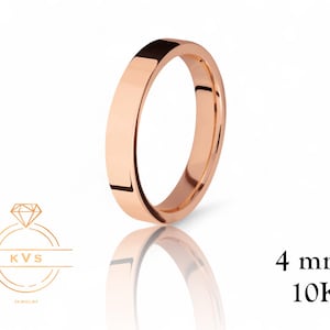 10K Pink Gold 4mm FLAT Wedding Band Ring - Comfort Fit - High Polished -Solid Gold Ring -  Womens Mens Wedding Band - Free Engraving