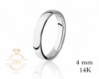 Aliança de casamento em ouro branco 14K com cúpula baixa de 4 mm - Ajuste confortável - Alto polimento - Anel de ouro maciço - Aliança de casamento feminina e masculina - Gravação gratuita