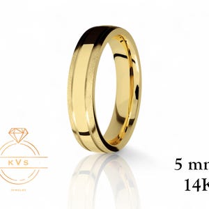 14K Gelbgold 5 mm gewölbter zwei gerillter Ehering Ring - Comfort Fit - Matt gebürstet - Massivgold Damen Herren Ehering Kostenlose Gravur