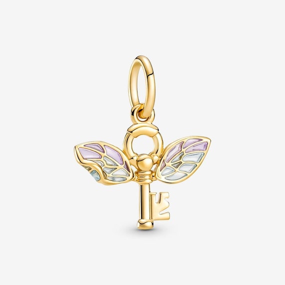 New Silver Shine Collection 14K Gold Plated Winged Key Charm for