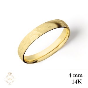 14K Yellow Gold 4mm LOW DOME Wedding Band Ring HAMMERED - Comfort Fit - Solid Gold Ring - Womens Mens Wedding Band - Free Engraving