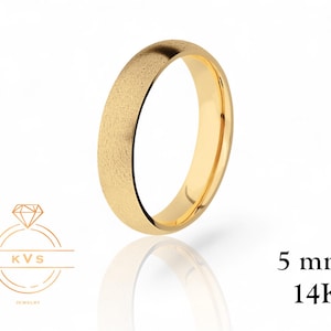 14K Yellow Gold LOW DOME 5mm Wedding Band Ring - Comfort Fit - MATTE Brushed - Solid Gold Ring -  Womens Mens Wedding Band - Free Engraving