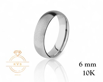 10K White Gold 6mm LOW DOME Wedding Band Ring - Comfort Fit - MATTE Brushed - Solid Gold Ring -  Womens Mens Wedding Band - Free Engraving