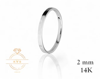 14K Weißgold 2 mm flacher Trauringring - Comfort Fit - GEHÄMMERTES Finish - Massivgoldring - Damen Herren Ehering - Kostenlose Gravur