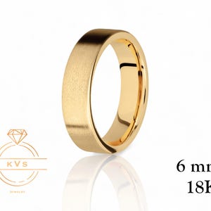 18k Yellow Gold Flat 6mm Wedding Band • COMFORT FIT • MATTE Brushed • Classic Wedding Ring for Men and Women Plain Simple Wedding Band Ring