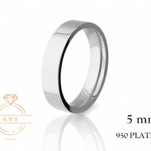 950 Platinum Ring FLAT 5mm Wedding Band Ring - Comfort Fit - Polished - Platinum Ring -  Womens Mens Wedding Band - Free Engraving