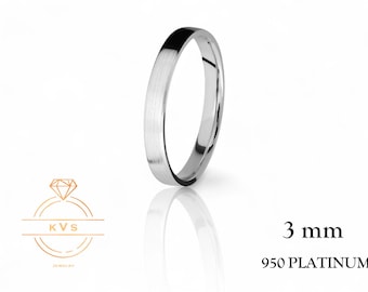 May include: A simple, brushed platinum wedding band with a 3 mm width. 950 Platinum.