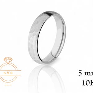 10K White Gold 5mm Low Dome Wedding Band Ring - Comfort Fit - HAMMERED - Solid Gold Ring -  Womens Mens Wedding Band - Free Engraving