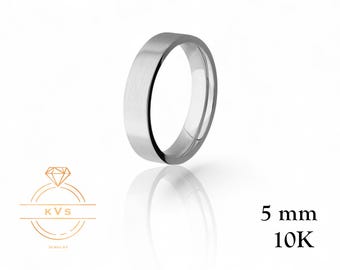 10K White Gold 5mm FLAT Wedding Band Ring - Comfort Fit - MATTE BRUSHED Finish -Solid Gold Ring -  Womens Mens Wedding Band - Free Engraving