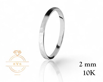 10K White Gold 2mm Low Dome Wedding Band Ring - Comfort Fit - HAMMERED - Solid Gold Ring -  Womens Mens Wedding Band - Free Engraving