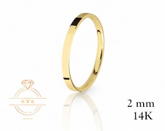14K Yellow Gold 2mm FLAT Wedding Band Ring - Comfort Fit - HIGH POLISHED - Solid Gold Ring - Womens Mens Wedding Band - Free Engraving