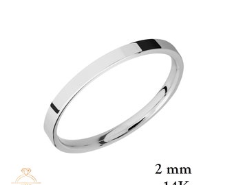 14K White Gold FLAT 2 mm Wedding Band Ring - Comfort Fit - High Polished - Solid Gold Ring -  Womens Mens Wedding Band - Free Engraving