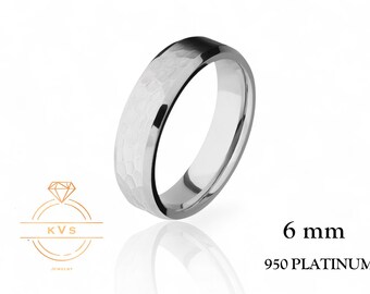 Solid 950 Platinum Beveled Edge 6mm Wedding Band Ring - Comfort Fit - HAMMERED - Platinum Ring Womens Mens Wedding Band Free Engraving