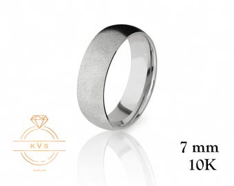 10K White Gold 7mm Low Dome Wedding Band Ring - Comfort Fit - ICE-MATTE - Solid Gold Ring -  Womens Mens Wedding Band - Free Engraving