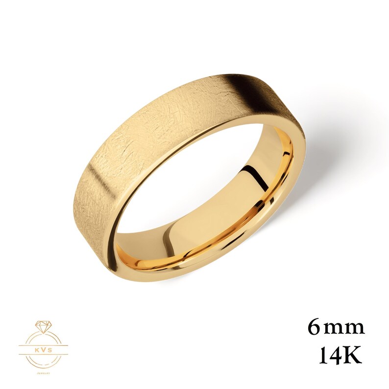 14K Yellow Gold 6mm FLAT Wedding Band Ring ICE MATTE Comfort Fit Solid