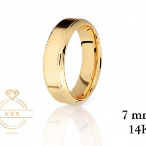 14K Yellow Gold 7mm BEVELED Milgrain Wedding Band Ring - Comfort Fit - MATTE Brushed - Solid Gold -Womens Mens Wedding Band Free Engraving