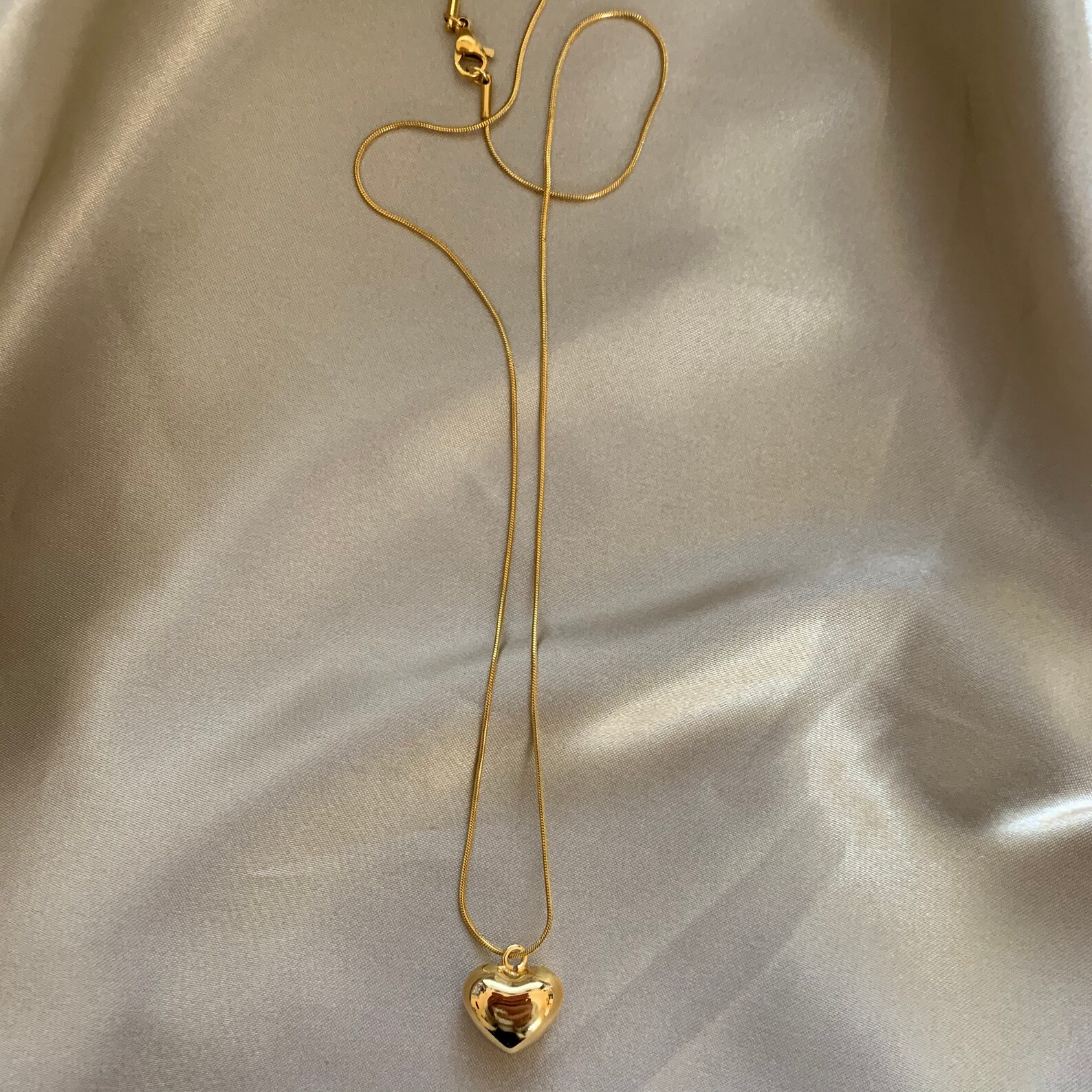 Large Heart Pendant on Snake Chain Necklace Gold Puffed Etsy