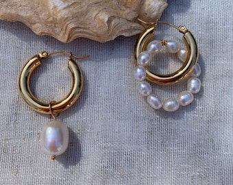 Mismatched Large Pearl & Pearl Hoop Chunky Gold Hoops Earrings, Three in One, Detachable Interchangeable Pearl Gold Hoop Earrings Set