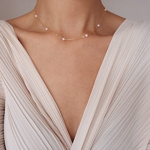 Floating Dainty Pearls Chain Necklace - Interspersed Baby Pearls Gold Choker Necklace - Layering - Brides, Bridesmaids, Versatile Everyday