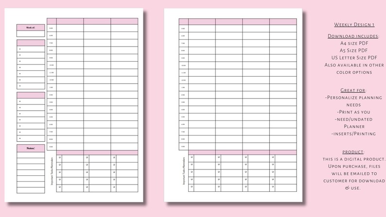 D1 Weekly Planner Printable PDF Download A4, A5, US Letter pink - Etsy