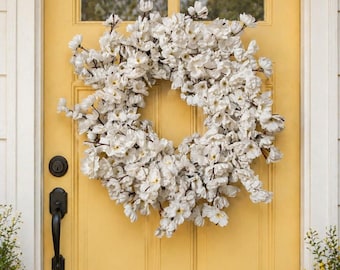 White Blossom Spring Wreath | Elegant Farmhouse Door Decor | Neutral Floral Wreath for Front Door | Wedding & Cottage Style Decor
