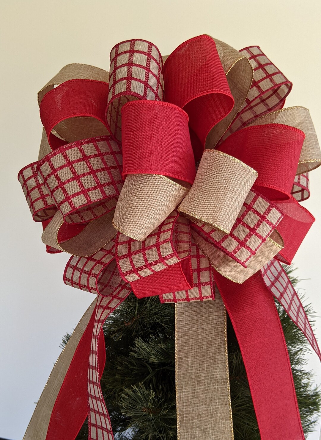 Farmhouse Christmas Tree Topper Bow, Extra Large Tree Topper